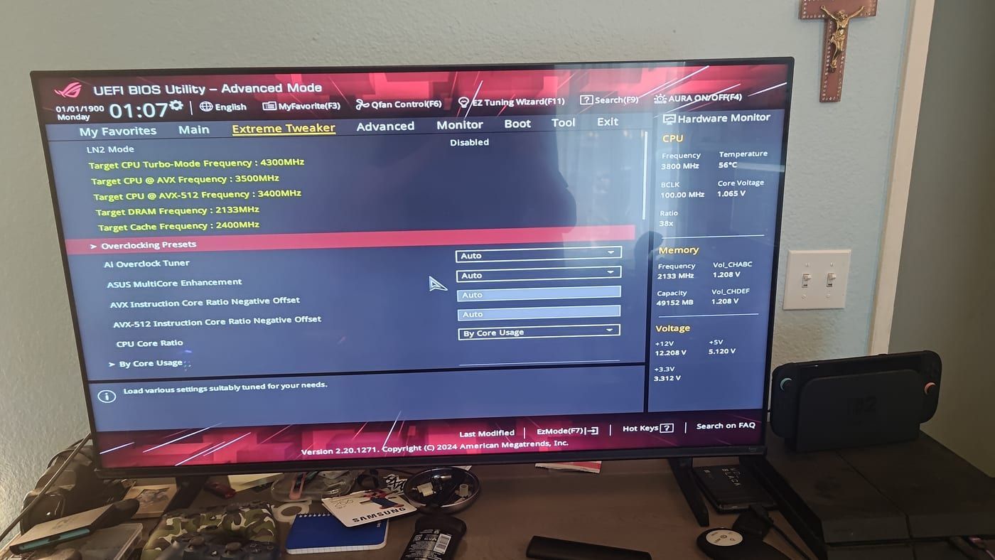 UEFI BIOS — Extreme Tweaker screen, CPU at 3800MHz, 49152MB RAM detected, voltages stable