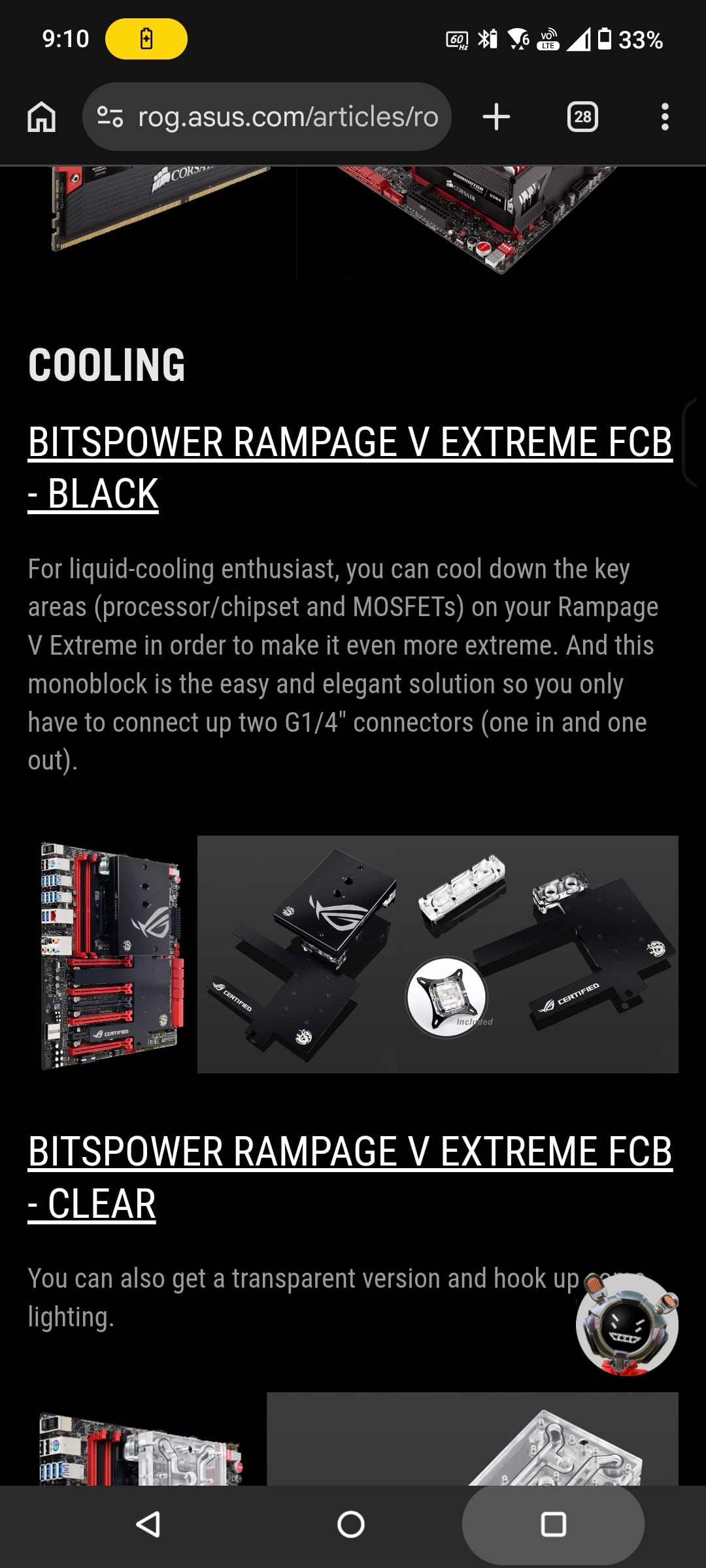 ASUS ROG official articles page listing the Bitspower Rampage V Extreme FCB in both colorways as ROG Certified cooling accessories