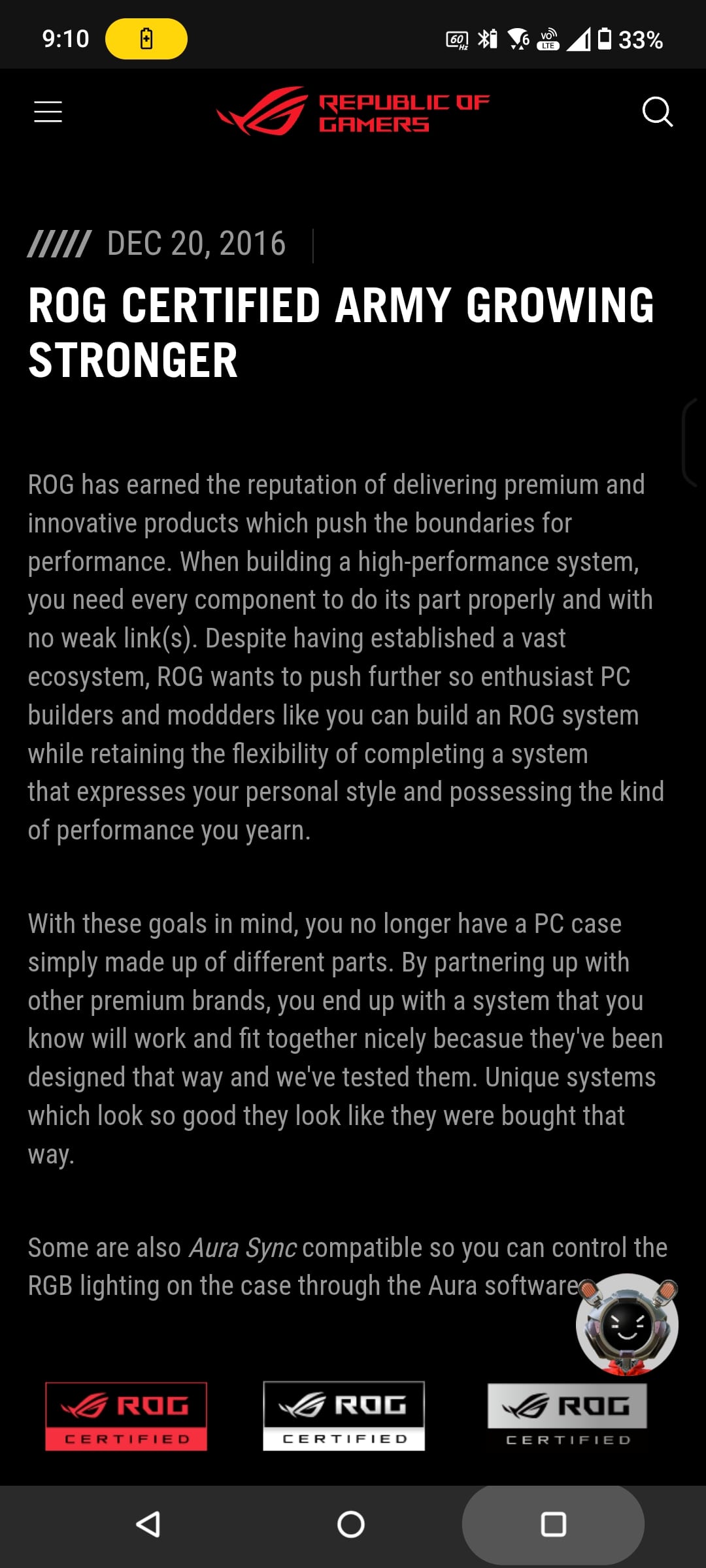 ROG official article from December 2016 explaining the ROG Certified program — third-party products designed and tested to work with ROG hardware