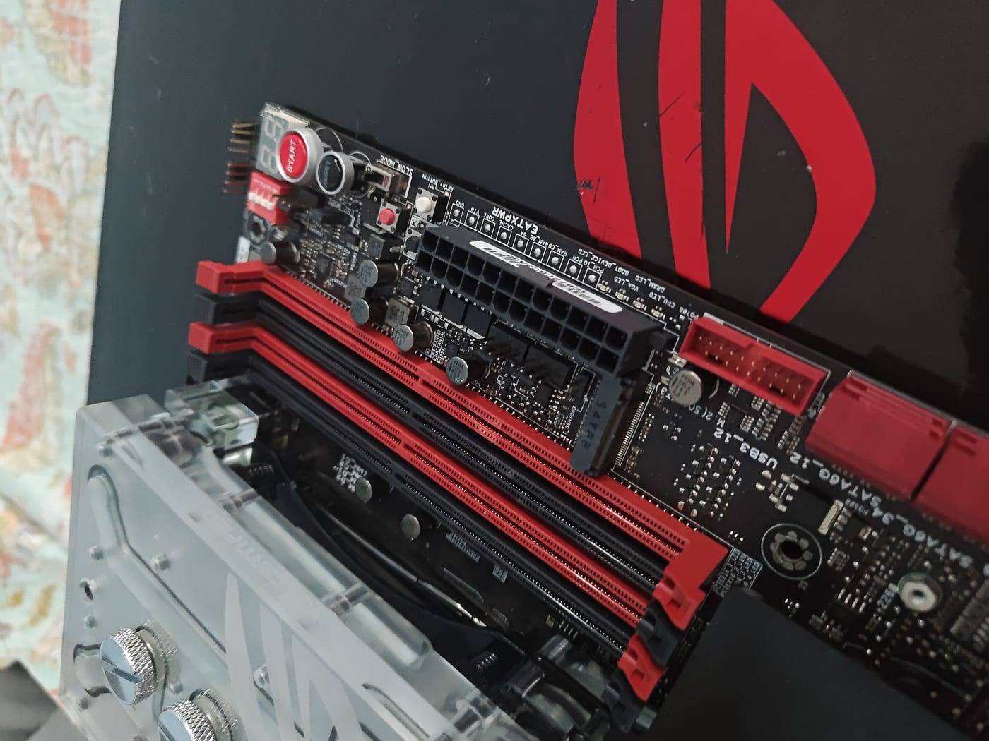 Top right of Rampage V Extreme — DIMM slots, M.2, SATA stack