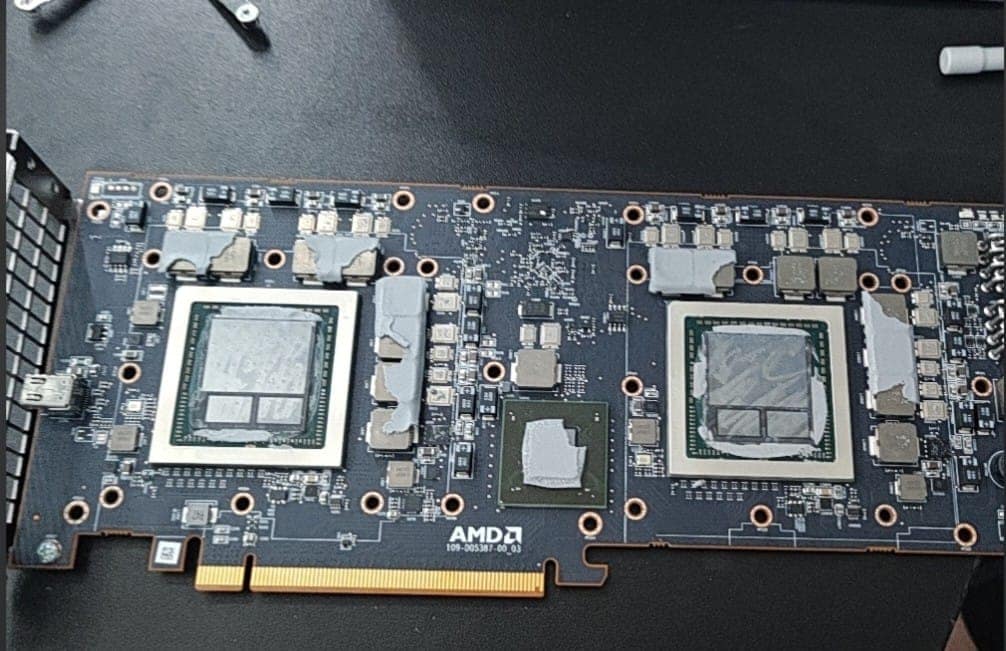 AMD Radeon Pro V340L bare PCB with clean dual Vega dies exposed