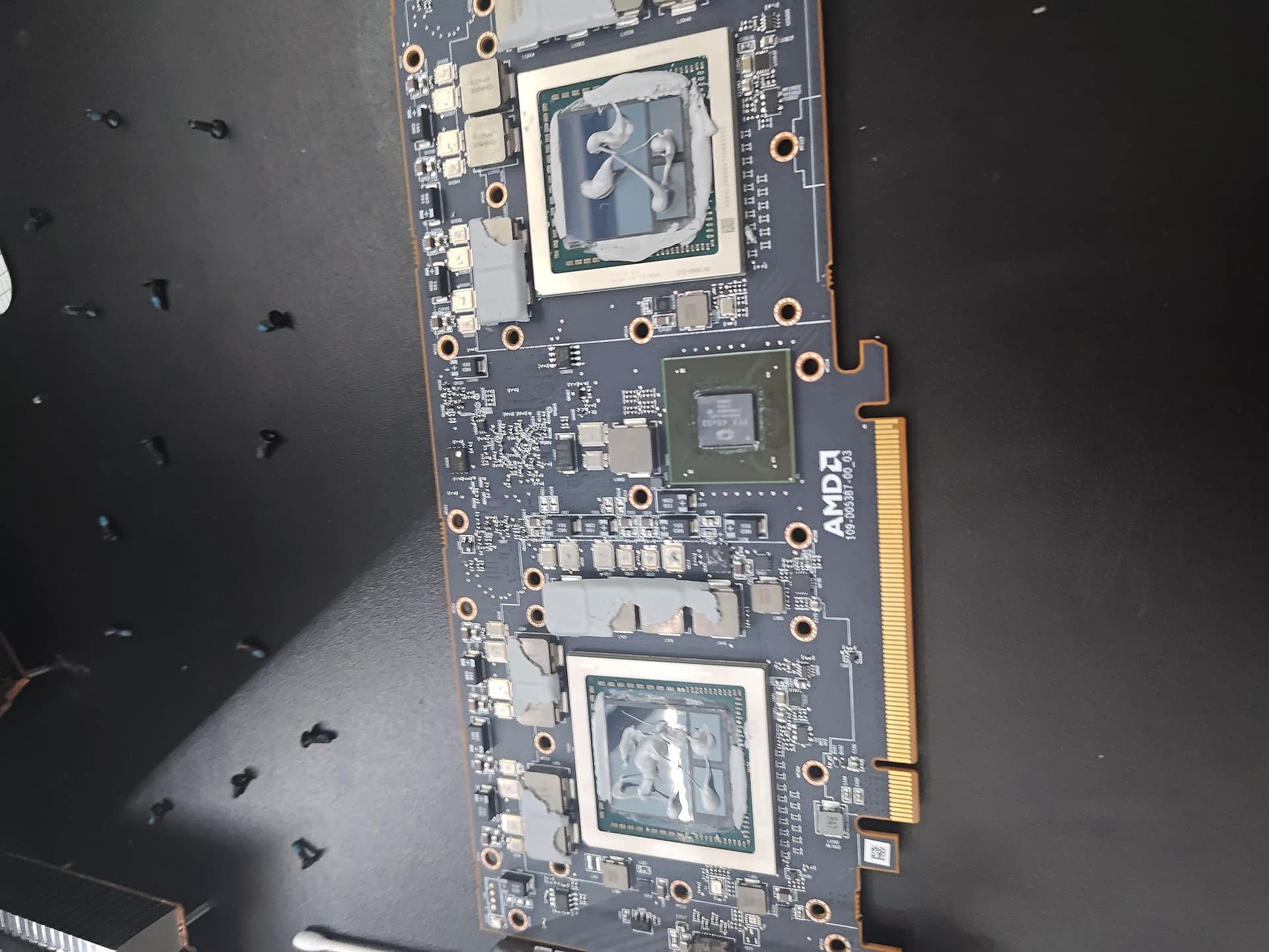Thermal paste applied to both bare Vega 10 dies on V340L